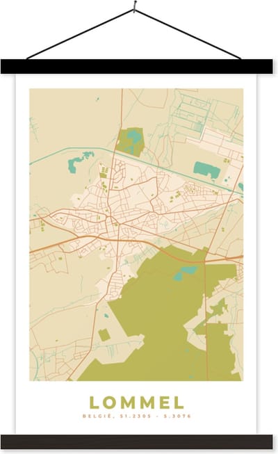 Posterhanger incl. Poster 40x60 cm - Schoolplaat - Plattegrond - Stadskaart - Kaart - België - Lommel - Textielposter - Zwarte latten - Stadskaart