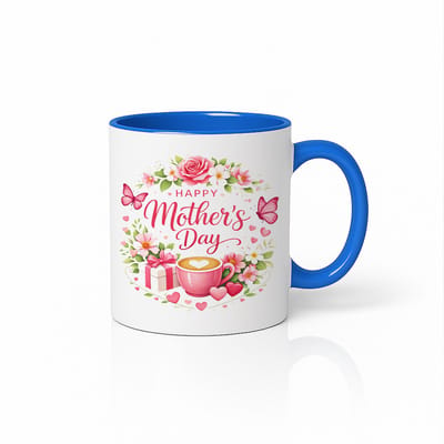Wit & Blauwe Fijne Moederdag Mok 330 ml – Bloemen en Hart Koffiemok met Cadeau Design – Perfect Moederdag Cadeau voor Mama