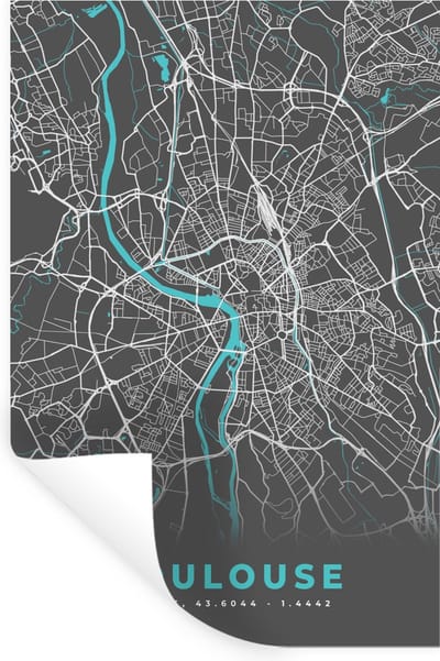 Muurstickers - Sticker Folie - Toulouse - Frankrijk - Kaart - Stadskaart - Plattegrond - 20x30 cm - Plakfolie - Muurstickers Kinderkamer - Zelfklevend Behang - Zelfklevend behangpapier - Stickerfolie
