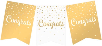 Vlaggenlijn | Set á 3 stuks | Feestvlaggen banner goud wit | met text Congrats | 6 meter | 10 vlaggen | hoogte 20 cm