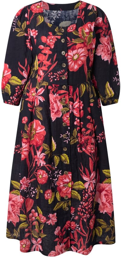 Ulla Popken - Dames - Mousseline jurk bloemenprint ronde hals 3/4-mouwen - Marine - Maat 44