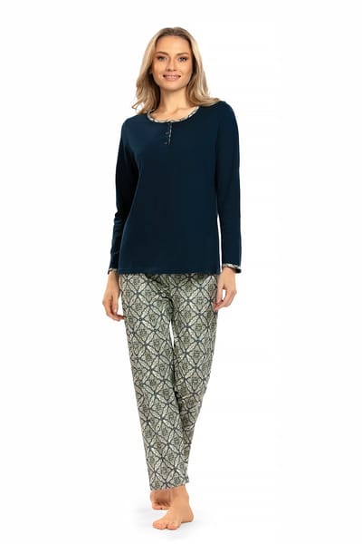 Ascafa - Dames Pyjama - 100% Katoen - Donkerblauw - Maat 42