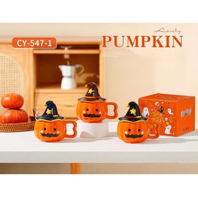 Creatieve Grappige Elf Cartoon Mok Halloween Pompoen Styling Klein Spook Keramische Kop Kantoor met Deksel Water 301-400ml brown