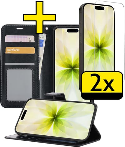 Hoesje - Met 2x Screenprotector - Geschikt voor Apple iPhone 17 - Luxe Pasjeshouder - Bookcase Portemonee - Flip Case - Kunstleer Book Case - Flipcase Hoes - Book Cover - Walletcase - Portemonneehoes - Telefoonhoesjes - Zwart