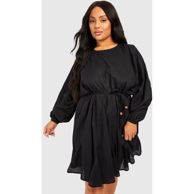 boohoo Dames Plus Katoenen Textured Gordelbehaalde Mini-Jurk | Zwart | Maat: 50