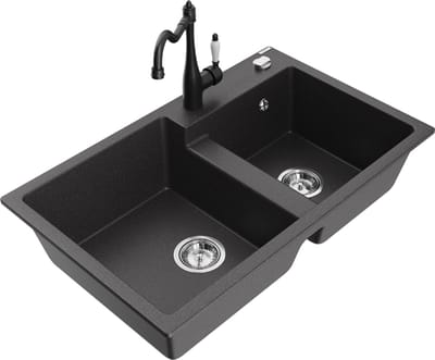 Mexen Tomas granieten spoelbak 2-kamer met keukenmengkraan Carla, zwart gespikkeld - 6516-76-670700-70