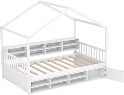 COSTWAY Huisbed 200 x 90 cm, kinderbed in huisvorm met valbescherming en lattenbodem, jeugdbed met 14 vakken en kast, bodembed, houten bed voor kinderen, jongeren, wit