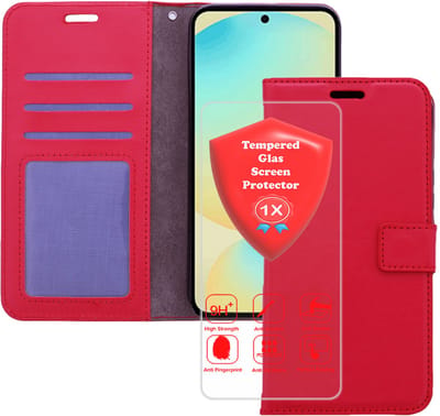 Bookcase Geschikt voor: Samsung Galaxy A56 Rood - Portemonnee hoesje met 1x Glas Screen protector - Book Cover