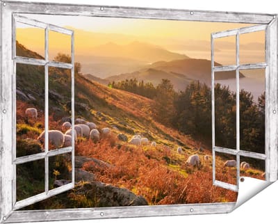 Gards Tuinposter Doorkijk Schapen in de Bergen - 150x100 cm - Tuindoek - Tuindecoratie - Wanddecoratie buiten - Tuinschilderij
