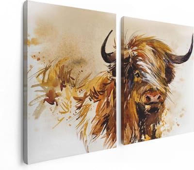 Artaza Canvas Schilderij Tweeluik Schotse Hooglander Koe - Abstract - 120x80 - Foto Op Canvas - Canvas Print