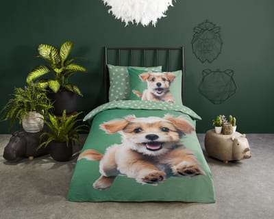 Good Morning dekbedovertrek hondje - 1 persoons 140x200/220 cm - Groen - 100% Katoen renforc�
