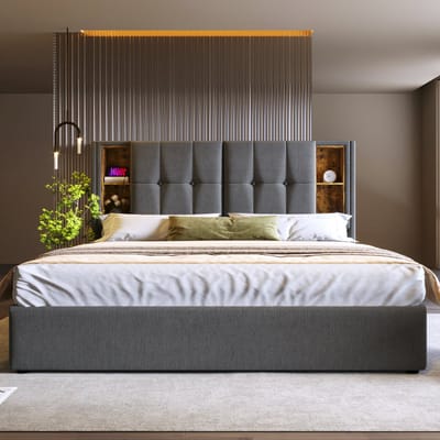 VVBV Gestoffeerd Opbergbed 140x200 cm - Lades, Opbergruimte en USB, Draadloos Laden - Hout/Linnen Grijs - Zonder Matras