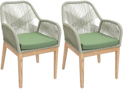 Set van 2 tuinstoelen MCW-H56b, fauteuil voor buiten, weerbestendig touwvlechtwerk Touwhout acacia ~ groene kussens groen