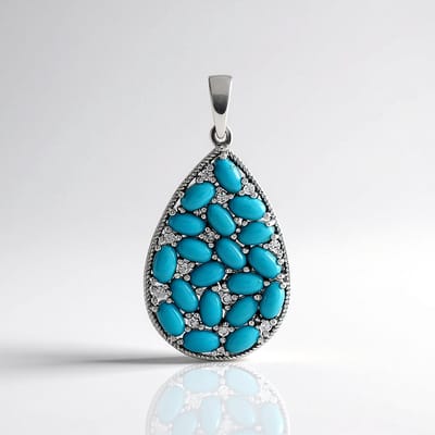 Cavill - 925 Sterling Zilver Hanger met 4,497 ct Sleeping Beauty Turkoois - Platina Plating - Druppelvormige Cabochon Zirkonia Pave