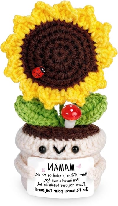 Handgemaakt cadeau voor mama - mini-gehaakte zonnebloem met kokosnoot en pad