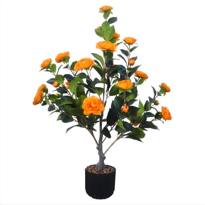 Camellia kunstplant (100 cm) - Voor thuis of kantoor decoratie - Realistisch, bloeiende boom met 28 bloemen, met planter - Kunstmatig - Oranje Flower