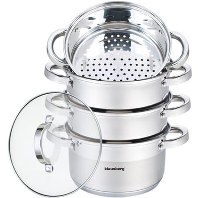 Klausberg Stoompan - Rijst- en Groentestomer 5-Delig - Ø 18 cm - Roestvrijstaal Met Glasdeksel 2.5L