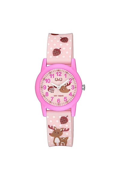 Q&Q V22A-015VY - Horloge - Sport - Analoog - Kinderen - Unisex - Plastic band - Rond - Kunststof - Cijfers - Herts - Stippen - LichtRoze - DonkerRoze - Wit - Bruin - 10 ATM
