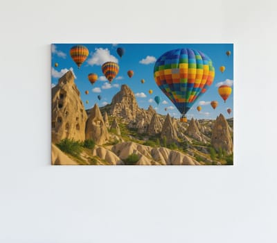 Canvas Schilderij – Luchtballonnen boven Cappadocië – Landschap – Kapadokya – 60x40 cm – Wanddecoratie