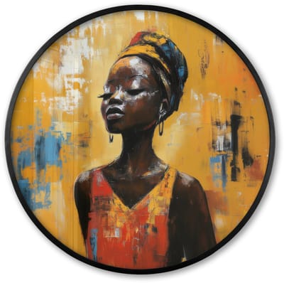 Poster in lijst Rond - Fotolijst 60x60 cm - Posters - Vrouw - Ogen - Penseelstreken - Geel - Ronde posterlijst zwart - Decoratie - Wanddecoratie woonkamer - Muurdecoratie slaapkamer