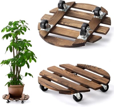 Set van 2 Plantenrollers Rond 30 cm Hout met Wielen voor Binnen en Buiten