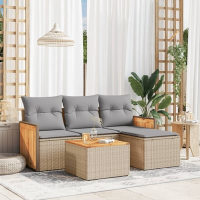 vidaXL - 5-delige - Loungeset - met - kussens - poly - rattan - beige