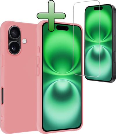 Hoesje Met Screenprotector - Geschikt voor Apple iPhone 16 - Sterk & Shockproof - Back Cover - Siliconen Case - Telefoon Hoes - Lichtroze