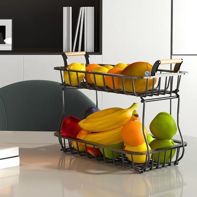 Panier de Rangement pour Fruits à 2 Niveaux Organisateur de Comptoir de Cuisine avec Poignée en Bois Bol en Acier au Carbone Maille pour Pain Légume blanc