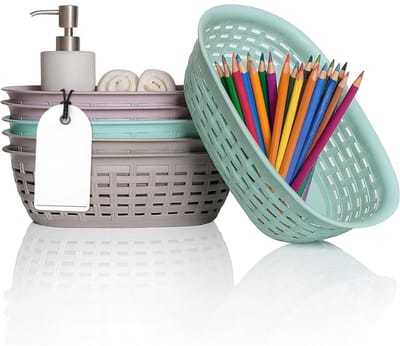 Famanu – Opbergmand plastic in rotan-look - 6 stuks - 2 l - 25,5 x 18 x 7,5 cm - pastel - stapelbare opbergmand - kleine mandjes voor badkamer - organizer - manden & containers