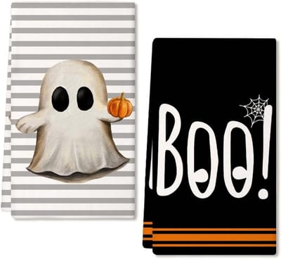 Set van 2 Keukenhanddoeken Halloween Thema - Vaatdoeken met Pompoen en Spook Ontwerp - Absorberende Theedoeken 45x66 cm