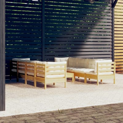 vidaXL - 9-delige - Loungeset - met - crèmekleurige - kussens - massief - grenenhout