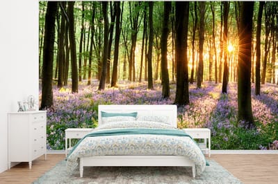 Behang - Fotobehang Bos - Bloemen - Lavendel - Zon - Paars - Natuur - Breedte 320 cm x hoogte 240 cm