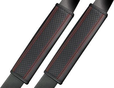 Gordelbeschermer Set - Gordelkussens - Comfortabele Ritten - Geruit Rood Stiksel - 23 x 6 cm - Zwart Rood