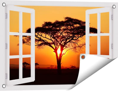 Gards Tuinposter Doorkijk Zonsondergang Achter een Savanne Boom - 60x40 cm - Tuindoek - Tuindecoratie - Wanddecoratie buiten - Tuinschilderij