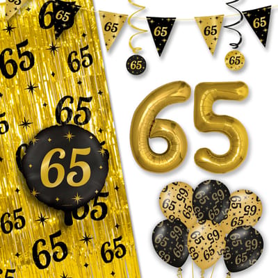 LUQ – All-Out Glam Set 65 Jaar – Zwart-Goud Verjaardag Decor – Luxe Feestpakket Ballonnen-Slingers-Vlaggenlijn-Gordijn