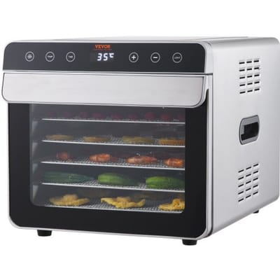 VEVOR 700W voedseldroger, roestvrij staal, 300 x 280 mm, 6 trays, 360° drogen, voedseldroger, temperatuurregeling van 35-85 °C, timer van 0,5 tot 48 uur, oververhittingsbeveiliging, receptenboekje voor vlees, fruit en groenten