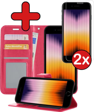Hoesje - Met 2x Screenprotector - Geschikt voor Apple iPhone SE (2022) - Luxe Pasjeshouder - Flip Case - Bookcase Portemonee - Kunstleer Book Case - Flipcase Hoes - Book Cover - Walletcase - Portemonneehoes - Telefoonhoes - Donkerroze