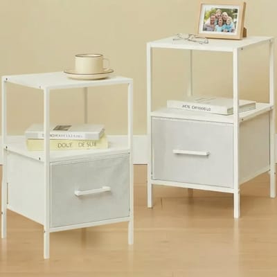 CASABEL Set van 2 witte nachtkastjes met lade, gemaakt van verstevigde stof, metaal en MDF, 30×30×50 cm, bijzettafel