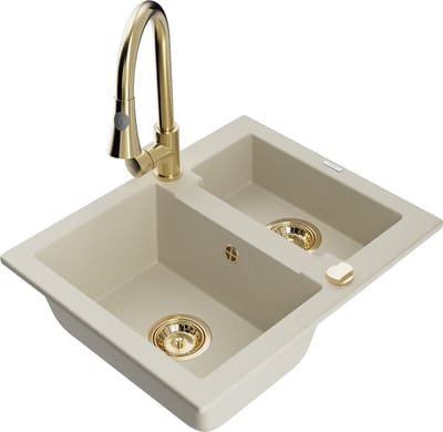 Mexen Carlos granieten spoelbak 1,5-komor met keukenkraan Elia, beige - 6518-69-670101-50