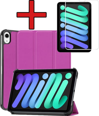 Hoesje - Geschikt voor Apple iPad Mini 7 (2024) - 8.3 inch - 7e Generatie - Met Screenprotector - Hardcover Book Case - Trifold Bookcase Hoes - Hard Cover - Tablethoes - Paars