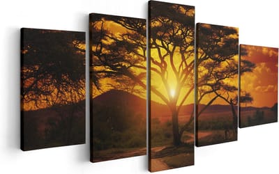 Artaza Canvas Schilderij Vijfluik Zonsondergang Achter Een Savanne Boom - 100x50 cm - Wanddecoratie Woonkamer - Schilderijen - Muurdecoratie