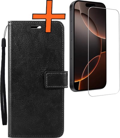 Hoes - Met Screenprotector - Geschikt voor Apple iPhone 16 Pro - Luxe Pasjeshouder - Bookcase Portemonee - Flip Case - Kunstleer Book Case - Flipcase - Book Cover - Walletcase - PortemonneeHoes - Zwart