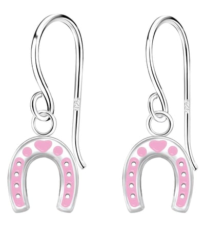 Joy|S - Zilveren hoefijzer bedel oorbellen - zilver roze met roze hartje - oorhangers - kinderoorbellen