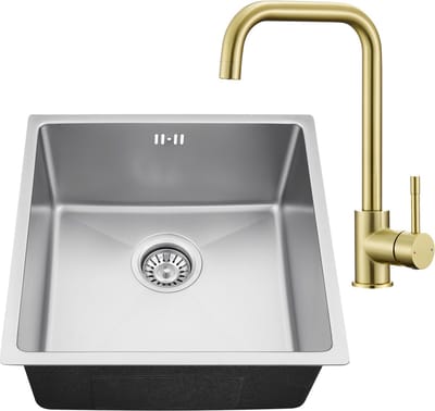 Auralum max Spoelbak voor keuken 44x44CM - Spoelbak Keuken Met Keukenkraan Goud - Roestvrij staal - Wasbak met waterafvoersysteem - Gootsteen RVS