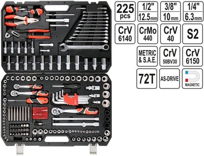 Gereedschapsset - Handgereedschap set - Voor klussen - 72 tanden ratel - 1399 kg - Zwart/zilver