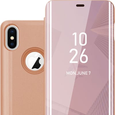 Cadorabo Hoesje geschikt voor Apple iPhone X / XS in KUNZIET ROZE - Clear View Spiegel Beschermende Case met Tribunefunctie 360 Graden Bescherming Book Case Cover Etui