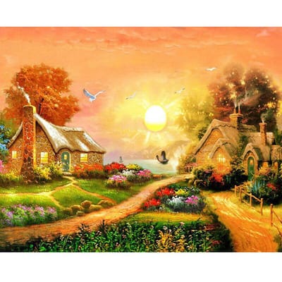 Steentjes zonsopgang huis landschap diamant handwerk schilderen 5D DIY diamant borduurwerk diamant 20X30CM orange