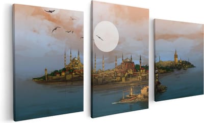 Artaza Canvas Schilderij Drieluik Illustratie Van De Maiden's Tower In Istanbul - 120x60 - Foto Op Canvas - Canvas Print