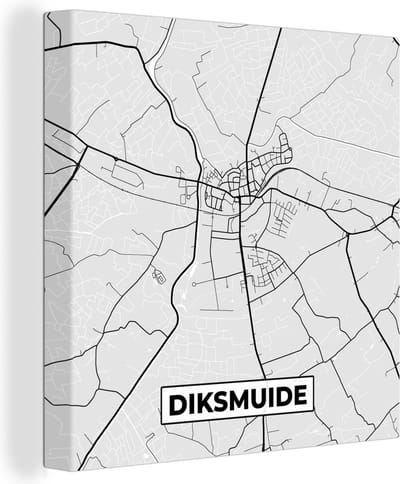 Canvas Schilderij Kaart – Plattegrond – Stadskaart – Diksmuide – België – Zwart Wit - 20x20 cm - Wanddecoratie