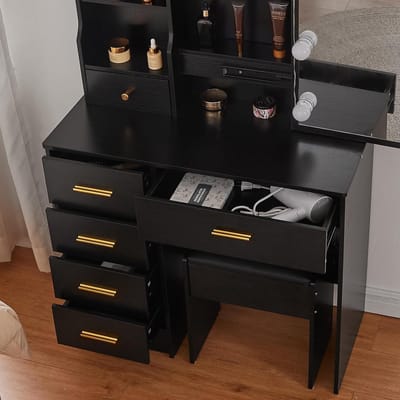 Make-uptafel met LED Verlichting, 3 Inklapbare Spiegels, 3 Laden & 2 Kasten, Stopcontacten & USB, 40 x 108 x 144 cm – Pauwhome